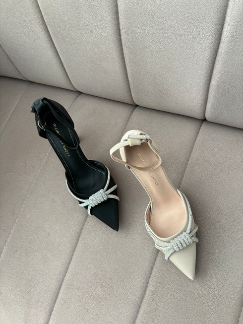 Rhinestone Embedded Pointy Toe Buckle Strap Heels